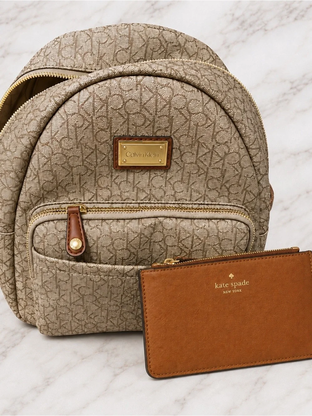 Calvin Klein Beige Monogram Mini Backpack with Brown Trim